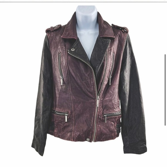Michael Kors maroon/black leather moto jacket w/ gunmetal hardware -small - Picture 16 of 16